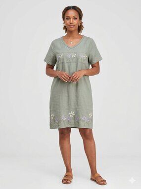 Erika Collection Women's SZ M Linen Blend Floral Printed Short Sleeve Dress Boho